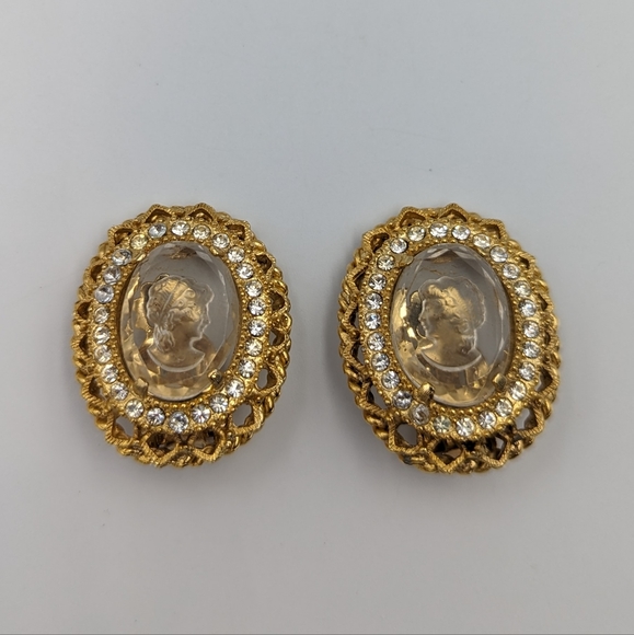 Clear Glass Intaglio Clip On Earrings Gold Tone Rhinestones Edwardian Revival - Picture 7 of 15
